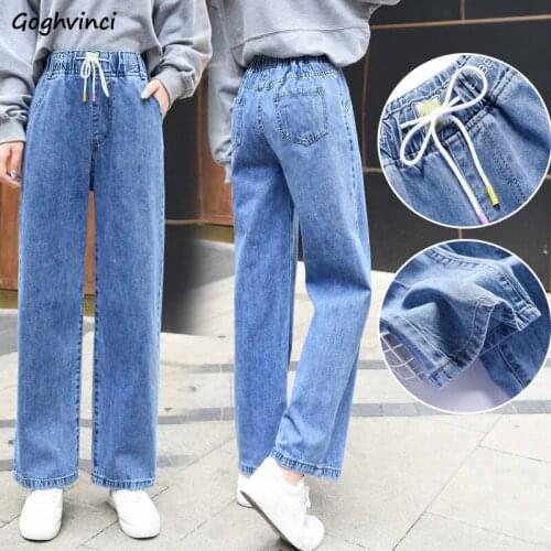 Straight Jeans Women Plus Size 3XL Solid Blue Denim Drawstring Bows Ankle-length Korean Style Students All-match Simple Design