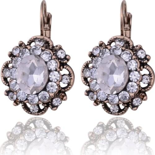 Vintage Gold Color Flower Female Clip Earrings for Women Blue Red Crystal Ladies Wedding Indian Jewelry Oorbellen