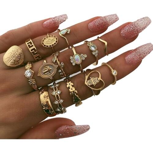 15 Pcs Female Fashion Bohemian Gold Rings Drop Shiny Different Shapes Crystal Stone Geometry Women Jewelry Anillos Mujer 2021