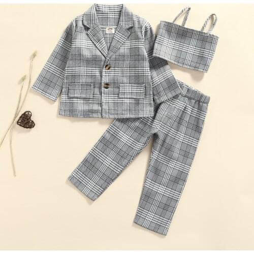 2-7Y Toddler Girls Clothes Set Plaid Print Long Sleeve Lapel Neck Jacket+Sling Crop Tops+Long Pants Spring Autumn Suit Outfits