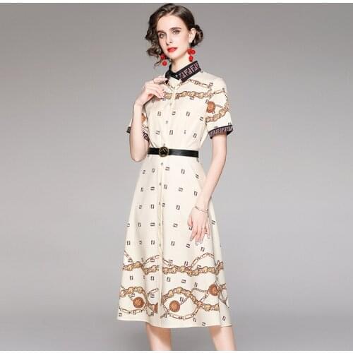 2021 New Women Dresses Office Lady A-LINE Sashes Mid-Calf Women Dresses Turn-down Collar Elegant Party Night Women Summer Dress