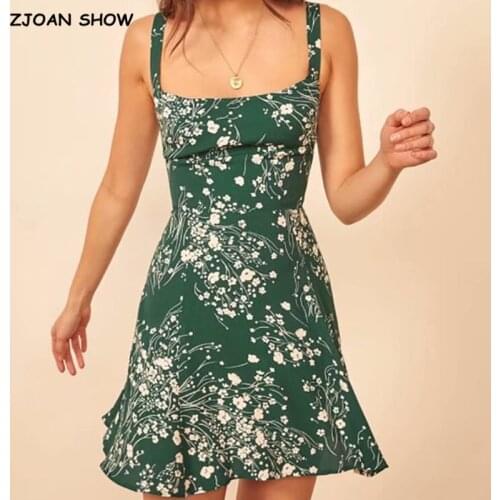 Vintage French Green Grass Flower Print Hem Mini Tank Dress Retro Sexy Women Sleeveless Robe Holiday Vestido