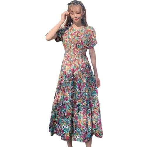 Round Neck Slim Waist Print Trumpet Dress 2021 Spring Summer Japan Style Women Dresses Sweet Short Sleeve Vestidos