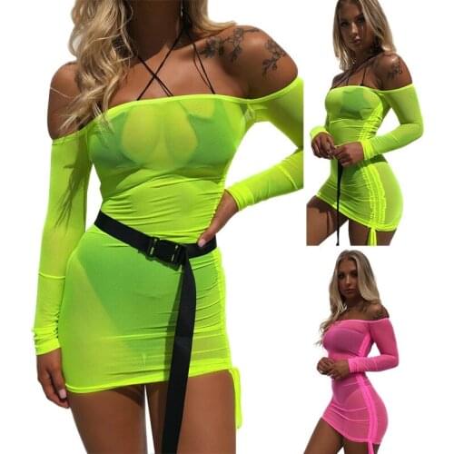 BKLD New Dress Arrivals 2019 Autumn Off The Shoulder Sexy Mini Dress Neon Mesh See-through Long Sleeve Bodycon Dress Women