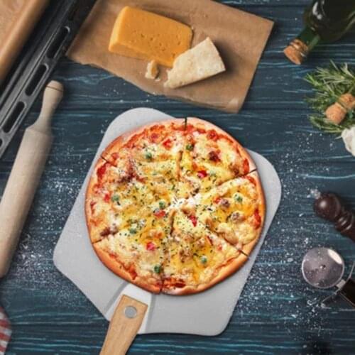 1PCS Foldable Aluminum Non-Slip Pizza Cake Shovel Transferring Tool with Wooden Long Handle Cheese Cutter Peels Lifter Tool