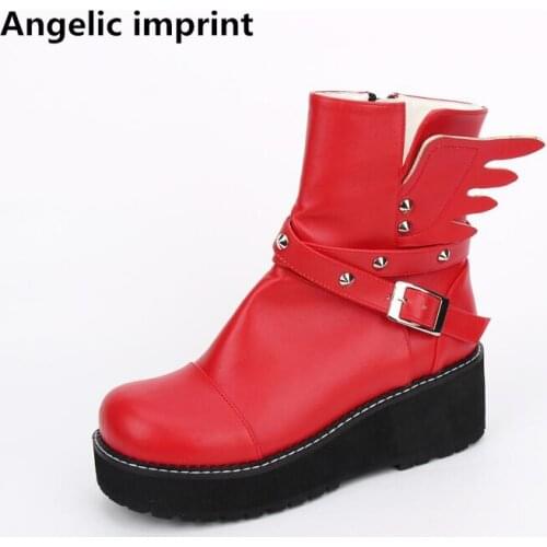 Angelic imprint Women mori girl motorcycle punk boots lady lolita short ankle Boots woman mid wedges heels pumps shoes wings red