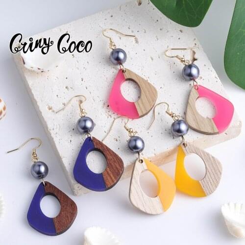 Cring Coco Wood Earrings for Women Pearl Drop GeometryEarring Hawaiian Dangle Hoop Colourful Ear Ring Jewelry Girls for Party