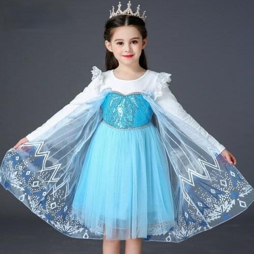Elsa Princess Costume Fall Long Sleeve Princess Dress Lace Embroidery Sequins with Cloak Party Little Girls Dresses Vestidos