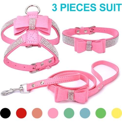 3 Peices Suit Dog Harness Collar Leash Adjustable Soft Suede Fabric Shining Diamonds Pet Vests For Dogs Comfort Pets Supplies