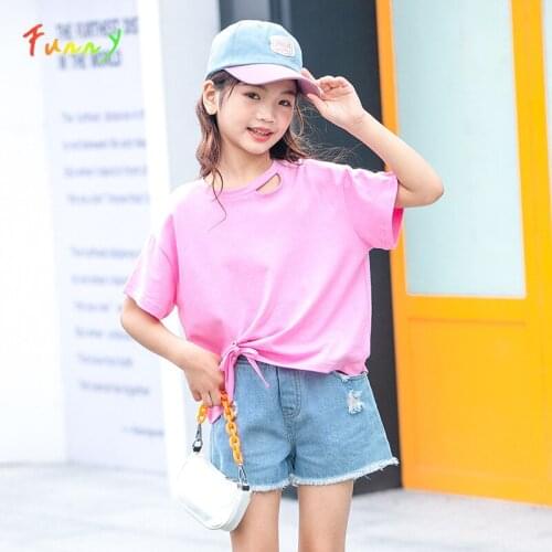 Summer 2021 Solid T Shirt + Denim Shorts Set Girls Clothes Fashion Cotton Teen Girl Sets 6 8 10 12 14 Years Children Outwear