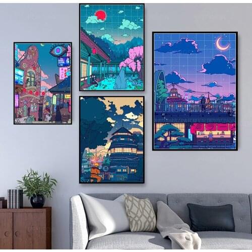 Canvas Wall Art HD Cartoon View Street Prints Poster Home Decoration Night Tree Cute Painting For Bedroom Modular Pictures Frame