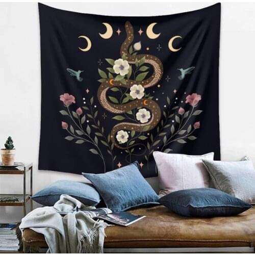 Psychedelic Snake Tapestry Moon Phase Change Flower Tapestry Wall Hanging Fabric Hippie Background Wall Cover Carpet Home Deco