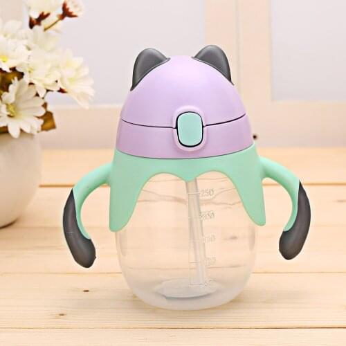 New baby water bottle black ear double handle baby learning cup baby straw bottle child straw bottle baby supplies