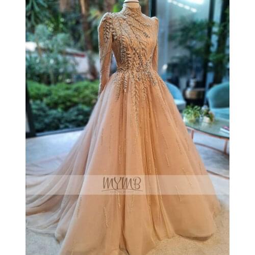 New Arrival Stunning Muslim Evening Gown High Neck Long Sleeves Tulle Crystal Beaded Aline Bridal Mother Dress Flowy Plus Size