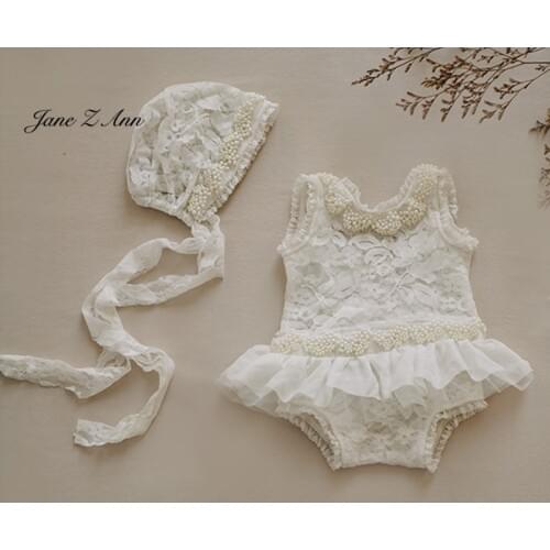 Jane Z Ann Newborn photo props baby white pearl lace princess dress+ hat baby 2pcs elegant studio shooting outfits