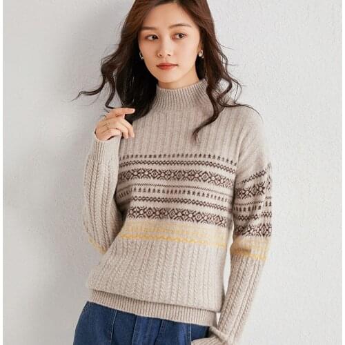 Sweater womens new thick pullover loose retro jacquard half high neck knitted cashmere base fashion