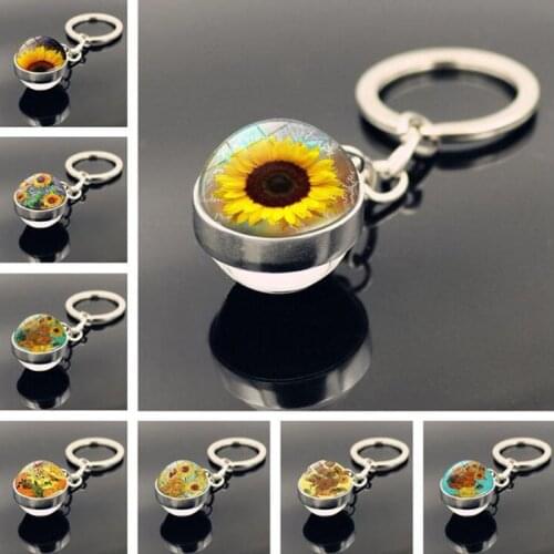 WG 1pc Sunflower Keychain Pendant Cabochon Double-sided Crystal Glass Ball Van Gogh Sunflower KeyChain For Women Jewelry