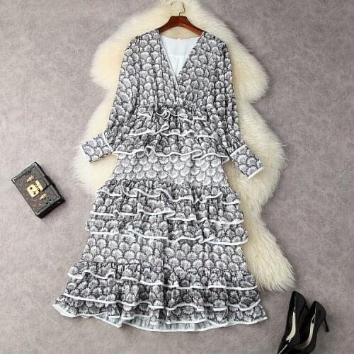 European and American womens wear for summer 2021 Long sleeve V-neck print with overlapping flounces Fashion dress