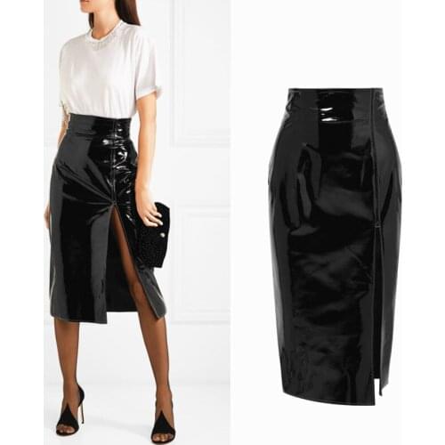 High Quality PU Leather Skirts Women High Waist Sexy Open Slit Black Skirts Fashion Luxury Designer Office Lady Elegant Skirt