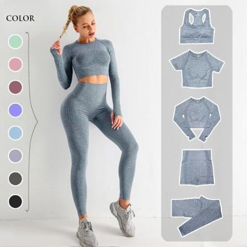 5PCS Seamless Women Set Workout Sportswear Gym Clothing Fitness Long Sleeve Crop Top High Waist Leggings Sports Suits 2020