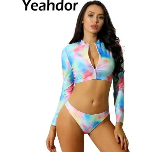 Womens Two Piece Swimsuit Swimwear Bikini Set Sport Rash Guard Long Sleeve Crop Top High Cut Thong Bathing Suit Swimming Outfits