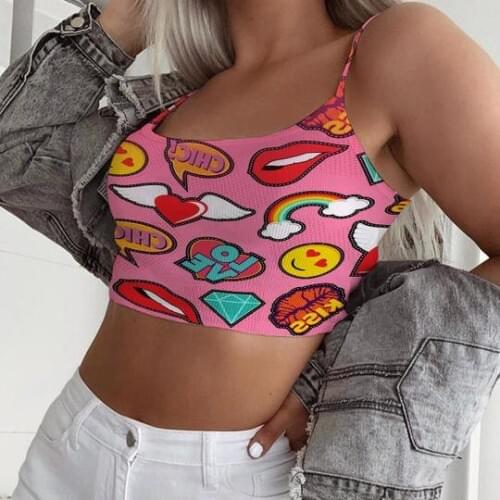 Womens fashionable hip-hop style color drawing sleeveless suspender short comfortable top
