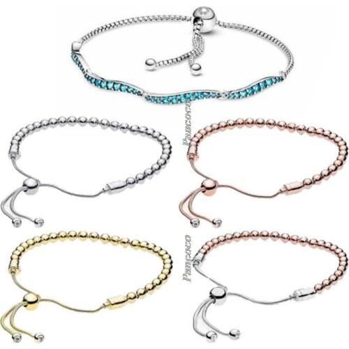 Original 925 Sterling Silver Blue Wavy Slider Bracelet Bangle Fit Women Bead Charm Pandora Jewelry