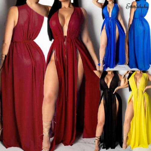 Womens Sleeveless Sexy V-neck Split Long Beach Dress Beachwear Party Maxi Dresses Bikini Cover Up
