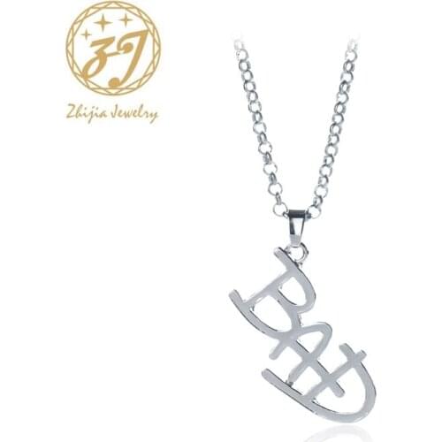 Zhijia new fashion men women silver color bad letter necklace pendants unisex creative neckalce party jewelry