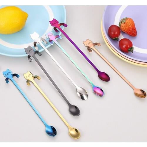 1pc Stainless Kitchen Steel Cartoon Cat Hanging Cup Coffee Spoon Ice Cream Dessert Teaspoon Creative Hanging Spoon Tableware