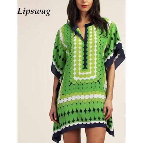2021 Women Casual V Neck Loose Party Dress Spring Vintage Pattern Printed Mini Dress Summer Batwing Sleeve A-Line Dress Vestido