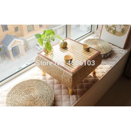 Thai Style bamboo rattan low table Tray Table with 2pcs Cushion straw-knitted platform table, tea ceremony and tea table