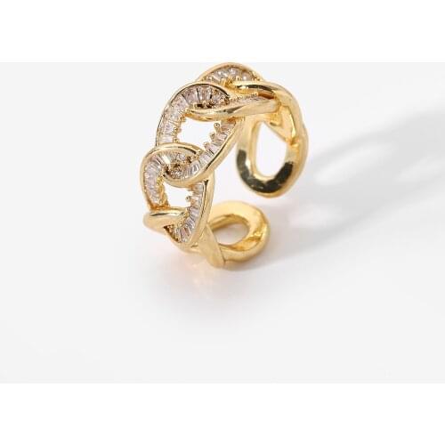 Shiny Full Zircon Geometric Cuban Chain Rings For Women 18k Gold Plated Cooper Adjustable Open Design Rings