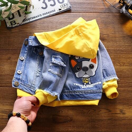 Boy Girl Denim Jackets Kids Cartoon Dog Jeans Coat Children Splice Outerwear Clothing Spring Autumn Toddler Hooded Sport Clothes