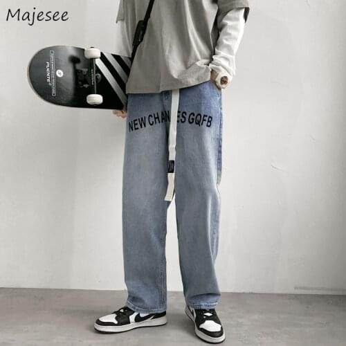 Jeans Men Straight Design Letter Printed Denim Trousers High Street Zipper Fly Korean Fashion Hombre Casual Chic Baggy Jean Ins