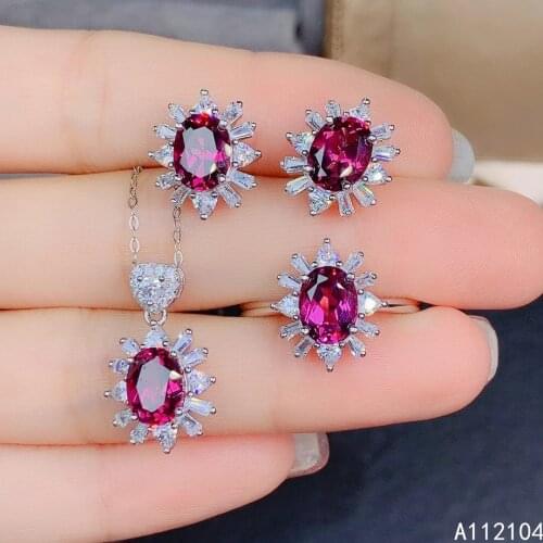 KJJEAXCMY fine jewelry 925 sterling silver natural pyrope garnet women fresh elegant flower gem earrings ring pendant suit suppo