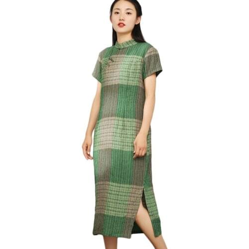 LZJN Summer Short Sleeve Linen Qipao Slim Fit Lattice Plaid Chinese Cheongsam Long Dress Modern Qipao Dress