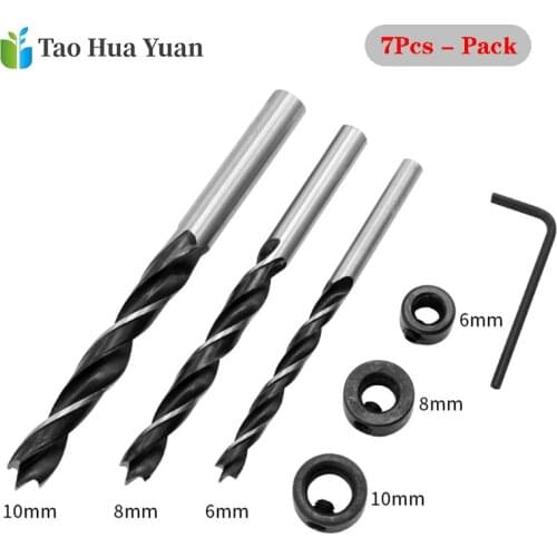 7pcs 6/8/10mm Drill Bits Set Woodworking Drill Depth Stop Collars Ring Dowel Shaft Chuck Wrench for Woodworking Tools Set Wrench