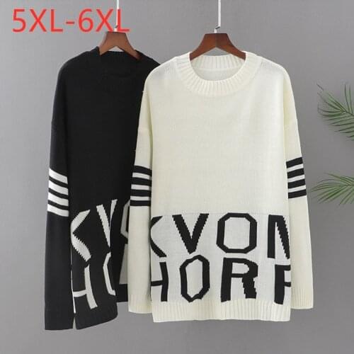 New 2021 Ladies Autumn Winter Plus Size Knit Tops For Women Large Pullover Long Sleeve Loose Black White Letter Sweater 5XL 6XL