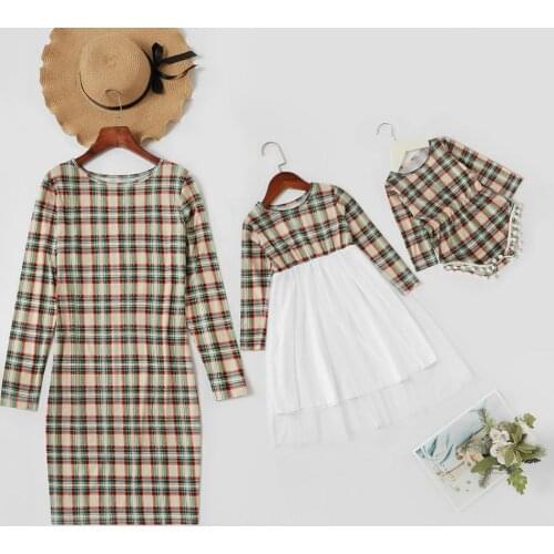 PatPat New Arrival Autumn Mommy and Me Plaid Stitching Mesh Long-sleeve Dresses Family Look Matching Dresses