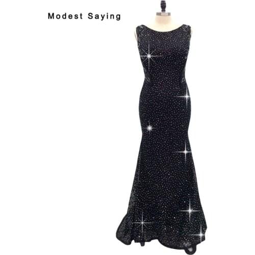 New Arrival Sexy Mermaid Black Lace Evening Dresses 2018 with Illusion Beaded Back Engagement Crystal Prom Gown vestido de festa