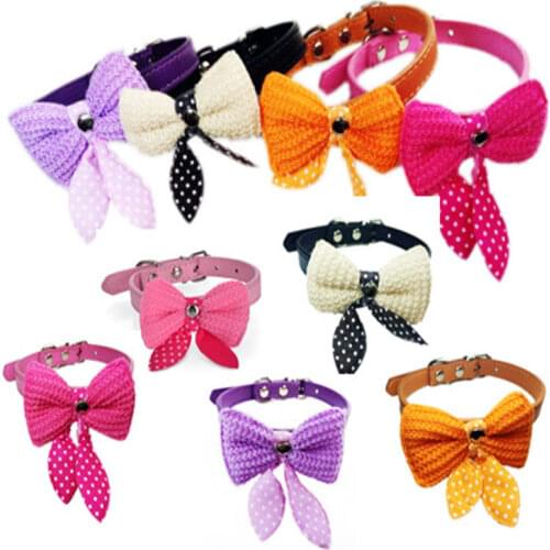 PU Leather Pet Dog Cat Puppy Collar Polka Dot Knit Bowknot Dog Collar Necklace Durable Adjustable For Small Dog Supplies