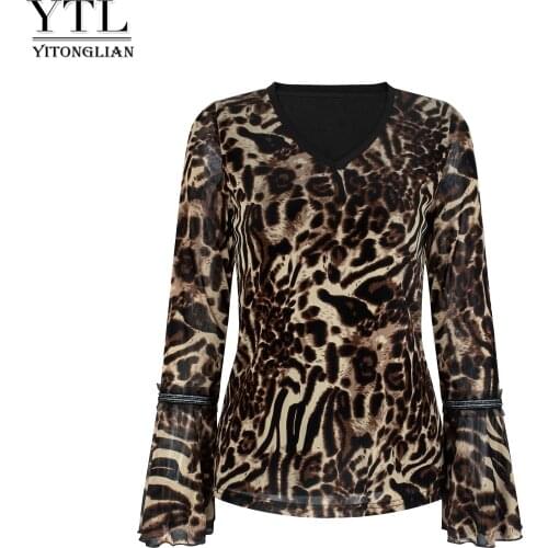 Ytl Women Chic Leopard Flare Sleeve La Blusa Plus Size Office Ladies Blouses Sexy Tops Loose Shirt W011