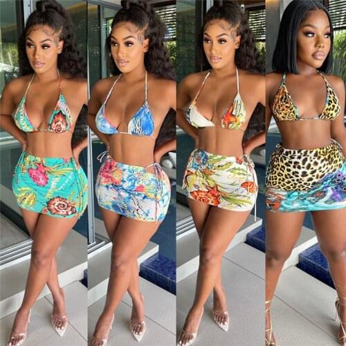 Floral Leopard Print Women Sexy Summer Beach Two Piece Set Lace Up Bra Top Bodycon Mini Skirt Casual Holiday Suit Outfit