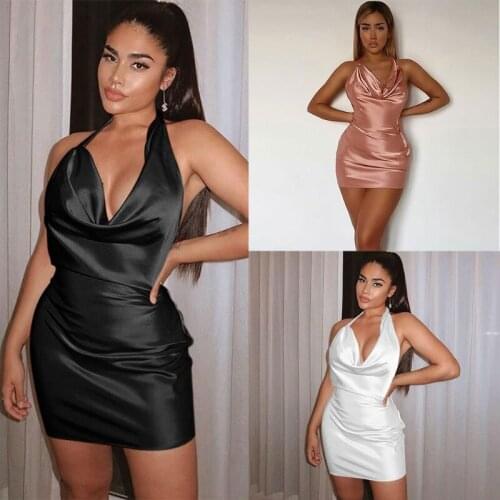 Women Summer Sexy Halter Deep V-Neck Backless Bodycon Mini Dress Satin Shiny Solid Color High Waist Slim Party Clubwear