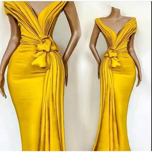 Elegant Yellow Off Shoulder Satin Mermaid Evening Dresses Ruched Ruffles Sweep Train Formal Party Prom Dresses robes de soirée
