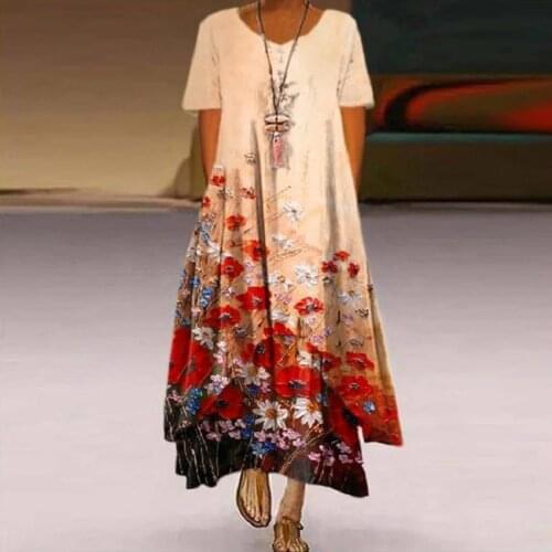 2021 New Arrival Vintage Print Dress Long Women Short Sleeves Summer Loose Maxi Dresses with Pockets Floral Ladies Dress EY601