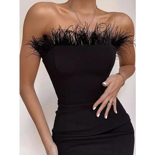New Summer Women Sexy Strapless Designer Feather White Black Bandage Party Dress Ladies Trendy Bandage Dress Vestido