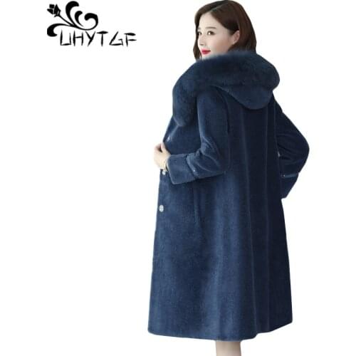 UHYTGF Quality sheep shearing winter fur coat female fashion fox fur hooded temperament warm jacket womens plus size tops 1024
