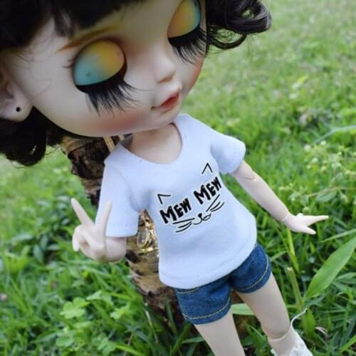 1 Set 1/6 Dolls Cute Cartoon Pattern T-shirt with Denim Shorts Clothes for Blyth Doll